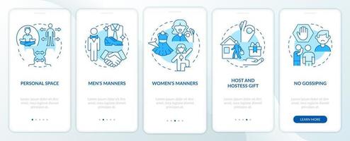 Social etiquette blue onboarding mobile app screen. Rules of behavior walkthrough 5 steps graphic instructions pages with linear concepts. UI, UX, GUI template. vector