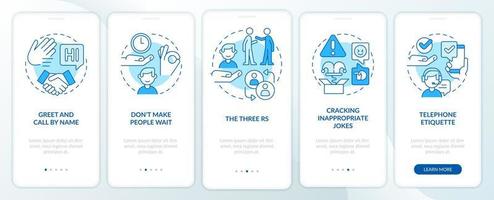 Business etiquette blue onboarding mobile app screen. Set of rules walkthrough 5 steps graphic instructions pages with linear concepts. UI, UX, GUI template. vector