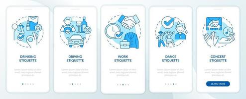 Types of etiquette blue onboarding mobile app screen. Set of rules walkthrough 5 steps graphic instructions pages with linear concepts. UI, UX, GUI template. vector