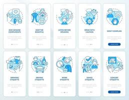 Etiquette blue onboarding mobile app screen set. Basic rules walkthrough 5 steps graphic instructions pages with linear concepts. UI, UX, GUI template. vector