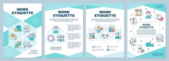 Work etiquette brochure template. Workplace ethical code. Leaflet design with linear icons. 4 vector layouts for presentation, annual reports.