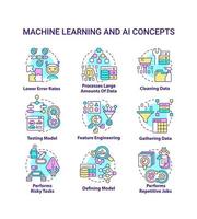 Machine learning and AI concept icons set. Artificial intelligence advantages idea thin line color illustrations. Isolated symbols. Editable stroke.