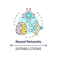 Neural networks concept icon. Interconnected nodes. Field of machine learning abstract idea thin line illustration. Isolated outline drawing. Editable stroke. vector