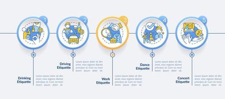 tipos de plantilla de infografía de círculo de etiqueta. conjunto de normas. visualización de datos con 5 pasos. gráfico de información de la línea de tiempo del proceso. diseño de flujo de trabajo con iconos de línea. vector