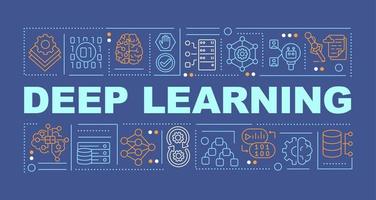 Deep learning word concepts dark blue banner. Neural network. Machine learning. Infographics with icons on color background. Isolated typography. Vector illustration with text.