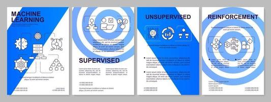 Machine learning categories blue brochure template. Data processing. Leaflet design with linear icons. 4 vector layouts for presentation, annual reports.