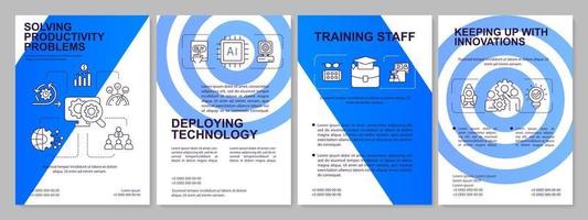 Solving employee issues blue brochure template. Productivity problems. Leaflet design with linear icons. 4 vector layouts for presentation, annual reports.