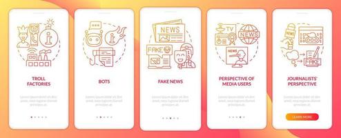 Information war over Internet red gradient onboarding mobile app screen. Walkthrough 5 steps graphic instructions pages with linear concepts. UI, UX, GUI template. vector