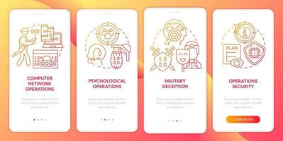 Information operations red gradient onboarding mobile app screen. Walkthrough 4 steps graphic instructions pages with linear concepts. UI, UX, GUI template. vector