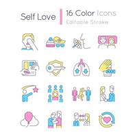 Self love RGB color icons set. Healthy communication. Self esteem development. Isolated vector illustrations. Simple filled line drawings collection. Editable stroke.