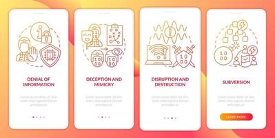 Information warfare tactics red gradient onboarding mobile app screen. Walkthrough 4 steps graphic instructions pages with linear concepts. UI, UX, GUI template. vector