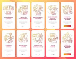 Information warfare red gradient onboarding mobile app screen set. Walkthrough 5 steps graphic instructions pages with linear concepts. UI, UX, GUI template. vector