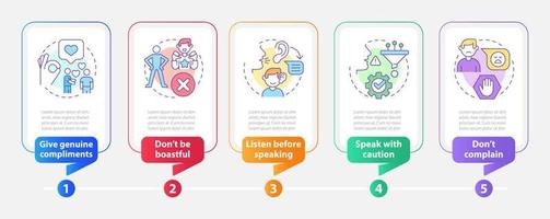 Basic etiquette rules rectangle infographic template. Set of norms. Data visualization with 5 steps. Process timeline info chart. Workflow layout with line icons. vector