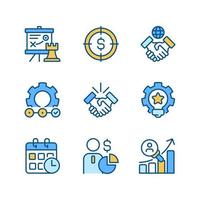 Business activities pixel perfect RGB color icons set. Strategic management. Isolated vector illustrations. Simple filled line drawings collection. Editable stroke.