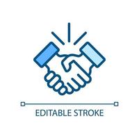 Handshake pixel perfect RGB color icon. Business etiquette. Shaking hands. Deal making. Company meeting. Isolated vector illustration. Simple filled line drawing. Editable stroke.