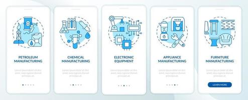 Production sub sectors blue onboarding mobile app screen. Manufacturing walkthrough 5 steps graphic instructions pages with linear concepts. UI, UX, GUI template. vector