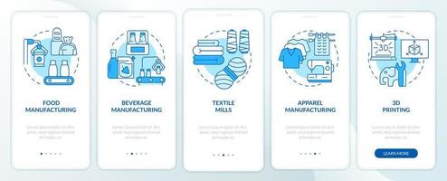 subsectores de fabricación pantalla de aplicación móvil de incorporación azul. tutorial 5 pasos páginas de instrucciones gráficas con conceptos lineales. interfaz de usuario, ux, plantilla de interfaz gráfica de usuario. vector