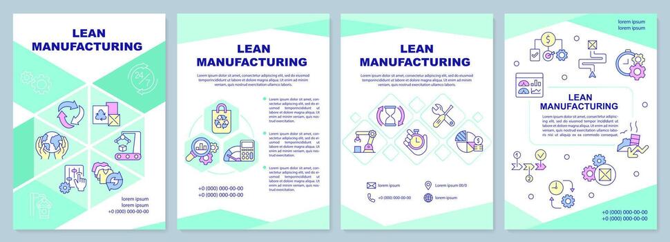 Lean manufacturing brochure template. Production process. Leaflet design with linear icons. 4 vector layouts for presentation, annual reports.