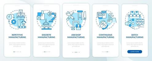 Types of manufacturing processes blue onboarding mobile app screen. Walkthrough 5 steps graphic instructions pages with linear concepts. UI, UX, GUI template. vector