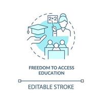 Freedom to access education turquoise concept icon. Obtain knowledge. Refugee right abstract idea thin line illustration. Isolated outline drawing. Editable stroke. vector