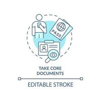 Take core documents turquoise concept icon. Refugees belongings and documents abstract idea thin line illustration. Isolated outline drawing. Editable stroke. vector