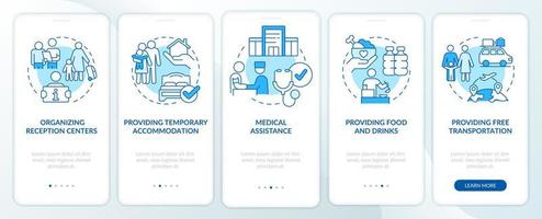 Government initiatives blue onboarding mobile app screen. Help refugees walkthrough 5 steps graphic instructions pages with linear concepts. UI, UX, GUI template. vector