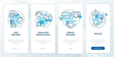 Helping and supporting refugees blue onboarding mobile app screen. Walkthrough 4 steps graphic instructions pages with linear concepts. UI, UX, GUI template. vector