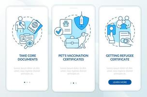 pertenencias y documentos pantalla azul de la aplicación móvil de incorporación. ayude a los refugiados a recorrer las páginas de instrucciones gráficas de 3 pasos con conceptos lineales. interfaz de usuario, ux, plantilla de interfaz gráfica de usuario. vector