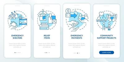 Ways to help refugees blue onboarding mobile app screen. Emergency walkthrough 4 steps graphic instructions pages with linear concepts. UI, UX, GUI template. vector