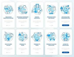 Helping refugees blue onboarding mobile app screen set. Government help walkthrough 5 steps graphic instructions pages with linear concepts. UI, UX, GUI template. vector