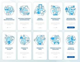 Helping refugees blue onboarding mobile app screen set. Government help walkthrough 5 steps graphic instructions pages with linear concepts. UI, UX, GUI template. vector