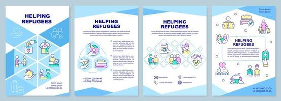 Helping refugees brochure template. Support and assist asylum seekers. Leaflet design with linear icons. 4 vector layouts for presentation, annual reports.