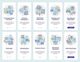 Common business problems onboarding mobile app screen set. Management walkthrough 5 steps graphic instructions pages with linear concepts. UI, UX, GUI template. vector