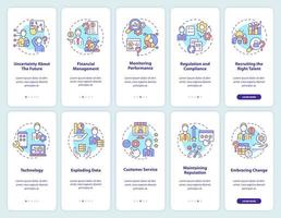 problemas comerciales comunes al incorporar el conjunto de pantallas de aplicaciones móviles. tutorial de gestión de 5 pasos páginas de instrucciones gráficas con conceptos lineales. interfaz de usuario, ux, plantilla de interfaz gráfica de usuario. vector