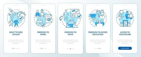 pantalla azul de la aplicación móvil de incorporación de los derechos de los refugiados. ayudar a los migrantes a recorrer las páginas de instrucciones gráficas de 5 pasos con conceptos lineales. interfaz de usuario, ux, plantilla de interfaz gráfica de usuario. vector