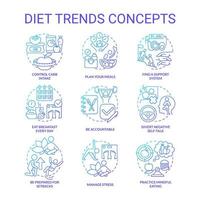 Diet trends blue gradient concept icons set. Healthy lifestyle and eating. Weight control idea thin line color illustrations. Isolated symbols.