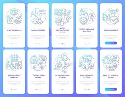 Diet trends blue gradient onboarding mobile app screen set. Walkthrough 5 steps graphic instructions pages with linear concepts. UI, UX, GUI template. vector