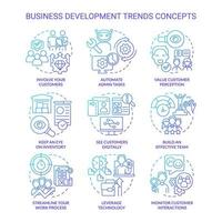 Business development trends blue gradient concept icons set. Innovations idea thin line color illustrations. Isolated symbols. Editable stroke. vector