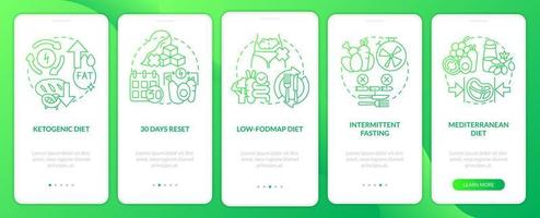 Trendy diets green gradient onboarding mobile app screen. Nutrition walkthrough 5 steps graphic instructions pages with linear concepts. UI, UX, GUI template.
