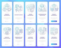 Business development blue gradient onboarding mobile app screen set. Walkthrough 5 steps graphic instructions pages with linear concepts. UI, UX, GUI template. vector