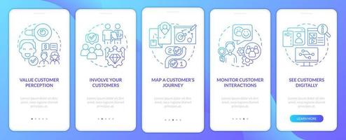 pantalla de aplicación móvil de incorporación de degradado azul comercial centrada en el cliente. tutorial 5 pasos páginas de instrucciones gráficas con conceptos lineales. interfaz de usuario, ux, plantilla de interfaz gráfica de usuario. vector