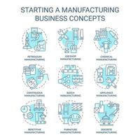 comenzando la fabricación de iconos de concepto de negocio turquesa establecidos. proceso de producción idea ilustraciones en color de línea delgada. símbolos aislados. trazo editable. vector