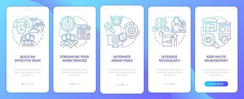 aumentar la eficiencia empresarial pantalla de la aplicación móvil de incorporación de degradado azul. tutorial 5 pasos páginas de instrucciones gráficas con conceptos lineales. interfaz de usuario, ux, plantilla de interfaz gráfica de usuario. vector