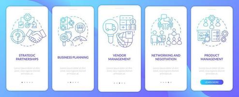 pantalla de la aplicación móvil de incorporación de degradado azul de formas de desarrollo empresarial. tutorial 5 pasos páginas de instrucciones gráficas con conceptos lineales. interfaz de usuario, ux, plantilla de interfaz gráfica de usuario. vector