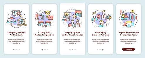 Business strategy problems onboarding mobile app screen. Designing system walkthrough 5 steps graphic instructions pages with linear concepts. UI, UX, GUI template. vector