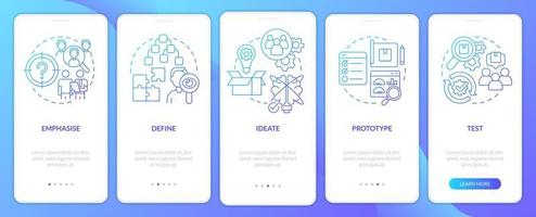 Design thinking process blue gradient onboarding mobile app screen. Walkthrough 5 steps graphic instructions pages with linear concepts. UI, UX, GUI template. vector