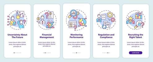 desafíos comerciales al incorporar la pantalla de la aplicación móvil. Tutorial de supervisión del rendimiento Páginas de instrucciones gráficas de 5 pasos con conceptos lineales. interfaz de usuario, ux, plantilla de interfaz gráfica de usuario. vector