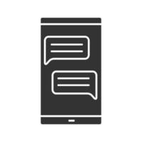 Smartphone with speech bubbles glyph icon. SMS, notification, message. Online chat. Forum. Silhouette symbol. Negative space. Vector isolated illustration