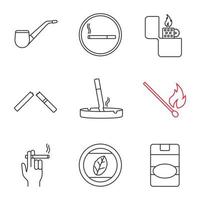 Smoking linear icons set. Tobacco leaf, pipe, smoking, lighter, broken and stubbed out cigarettes, matchstick, smoker, cigarette pack. Thin line contour symbols. Isolated vector outline illustrations