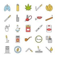 conjunto de iconos de color de fumar. cigarrillos, dispositivos para fumar, cultura del cannabis. ilustraciones de vectores aislados